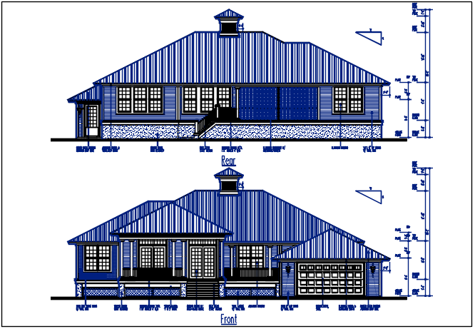 Front and rear elevation details with dimension details dwg files