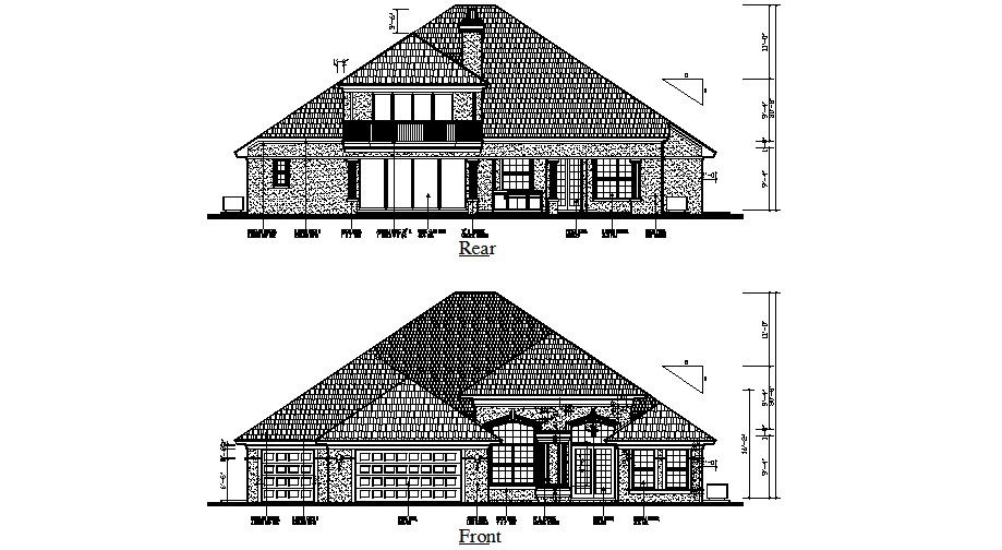 Front and rear elevation of simple roof house autocad drawing