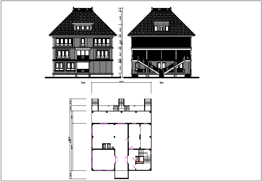 Front & rear elevation view plan layout view of house detail dwg file