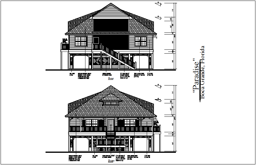 Front and rear view of bungalows dwg file