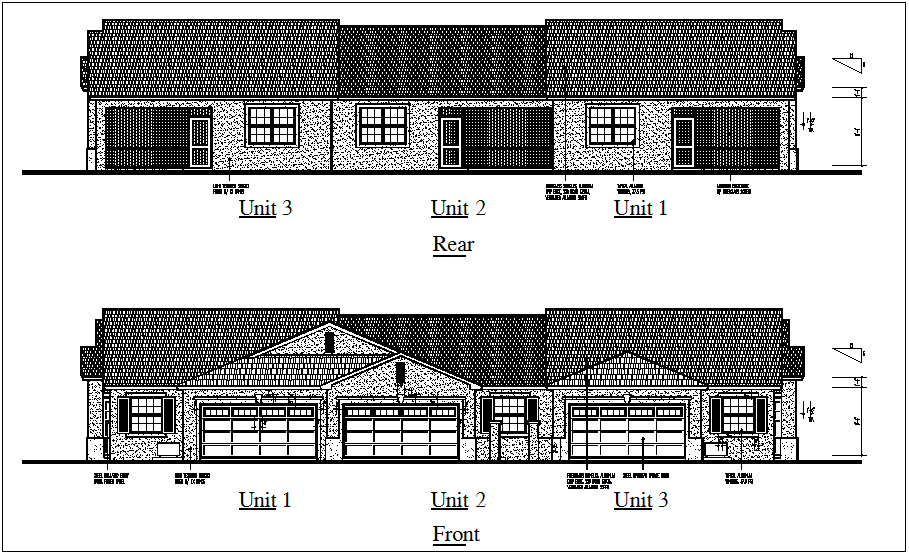 Front and rear view of bungalows dwg file