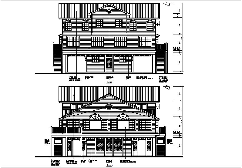 Front and rear view of bungalows dwg file