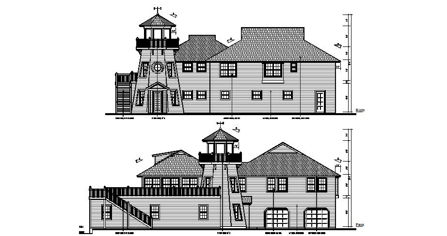 Front and right side elevation of residential house 2d cad drawing