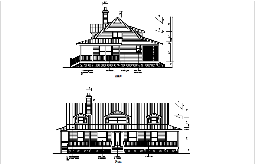 Front and right view of bungalows dwg file