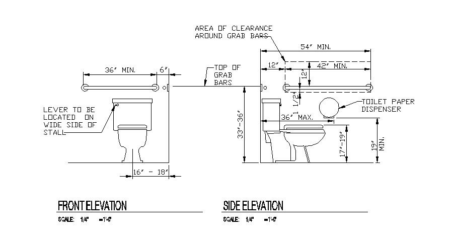 Front and side elevation and toilet sheet installation details dwg file