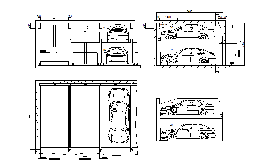Front and side elevation of car parking 