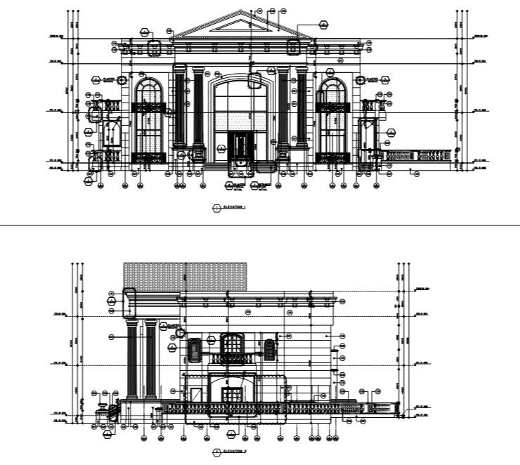 Front and side elevation of villa.