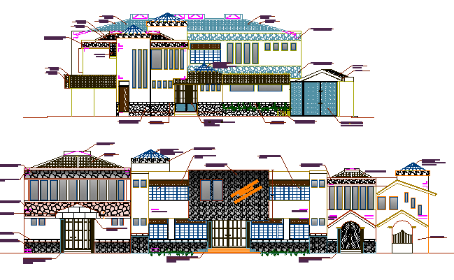 Front and side elevation view of administration office dwg file