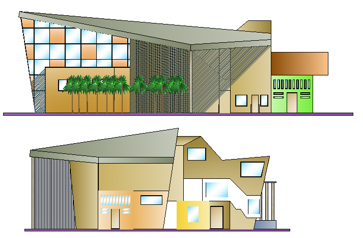 Front and side elevation view of city auditorium hall project dwg file