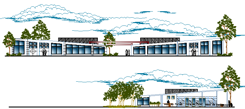 Front and side elevation view of corporate office dwg file