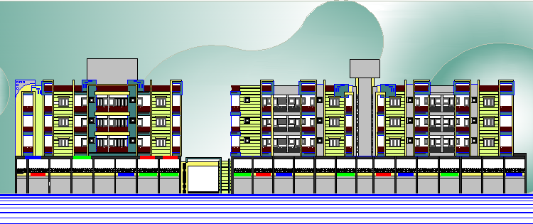 Front and side elevation view of multi-family housing building dwg file