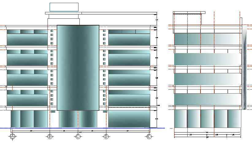 Front and side elevation view of multi-flooring admin office building dwg file