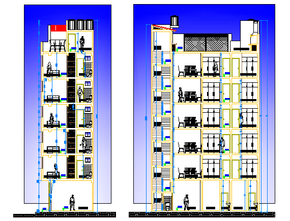 Front and side section details of multi flooring housing building dwg file