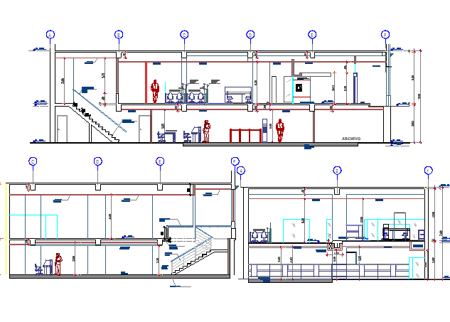 Front and side sectional details of bank building dwg file