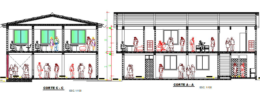 Front and side sectional view details of administration office dwg file