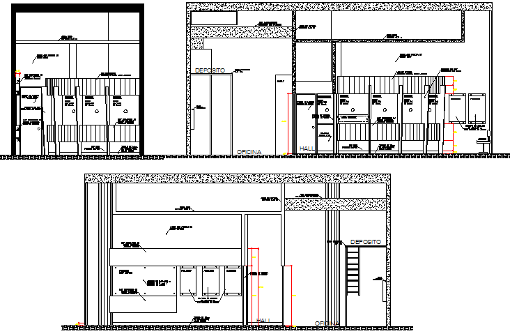 Front and side sectional view details of municipality office dwg file