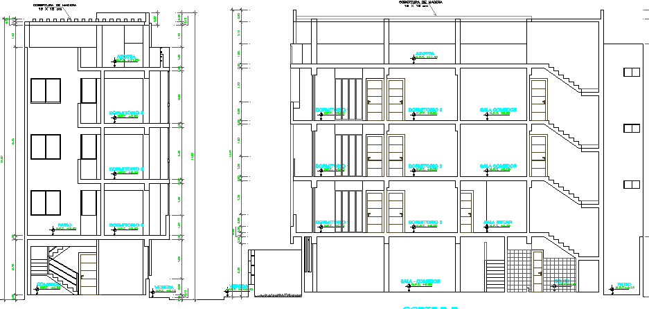 Front and side sectional view of four level housing building dwg file