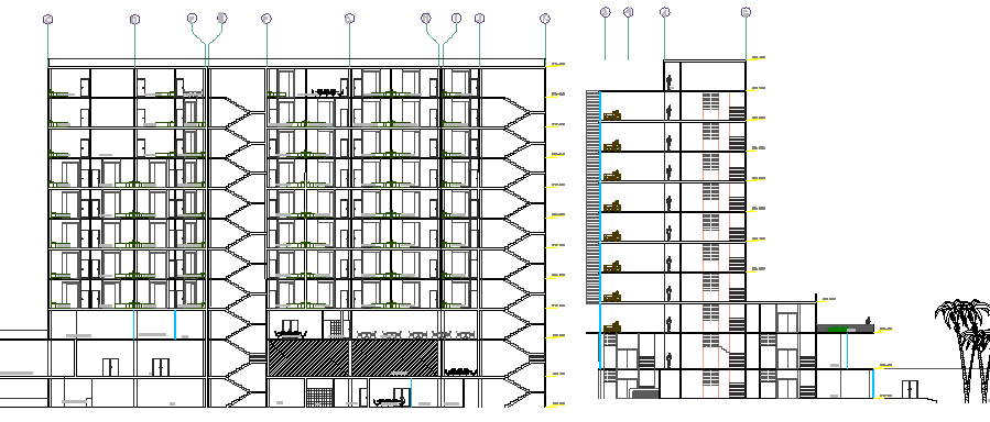 Front and side sectional view of multi-flooring hotel dwg file