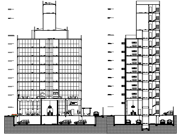 Front and side sectional view of multi-flooring office building dwg file
