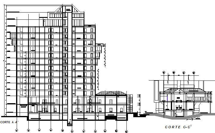 Office Building Front & Side Section View DWG | Cadbull