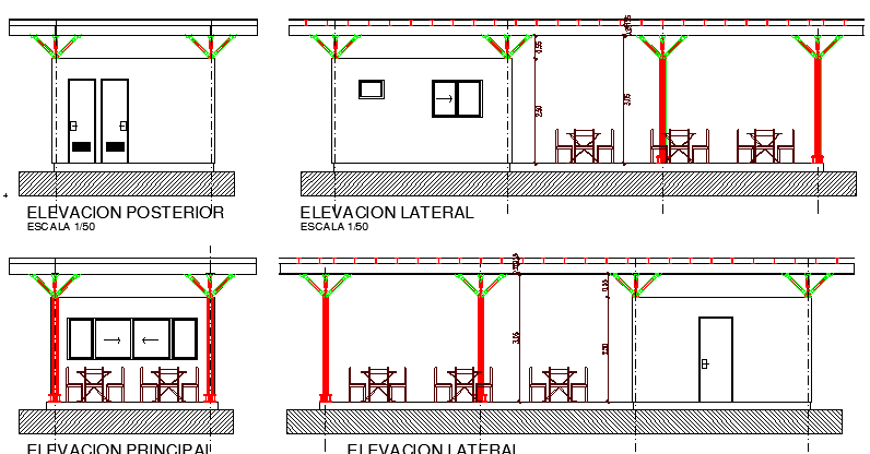 Front back and side elevations of bustos architecture project dwg file