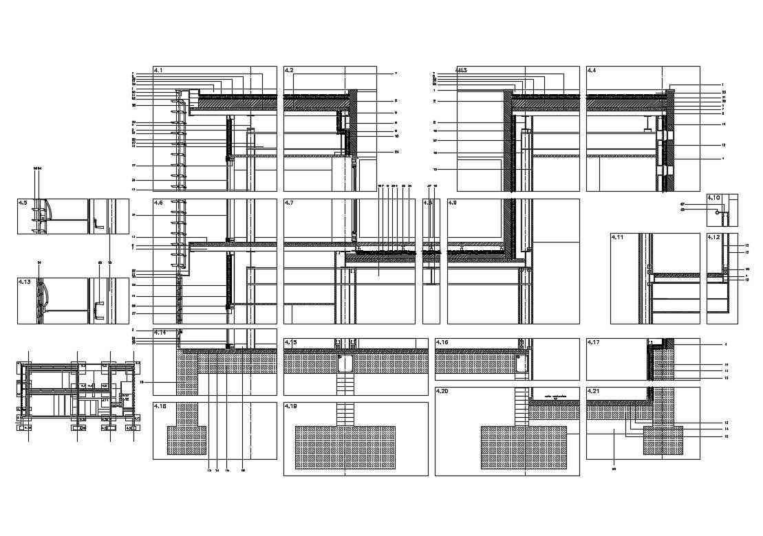 Front constructive section details of office building dwg file