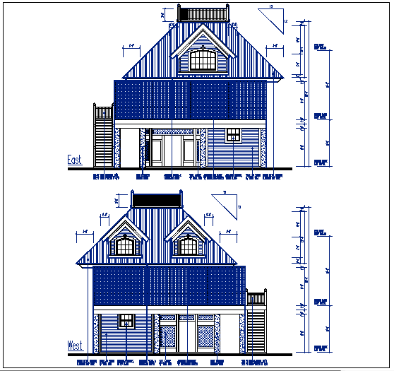 Front elevation and back elevation view of bungalow dwg file