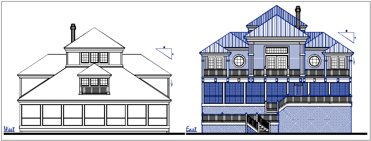 Front elevation and back elevation view of bungalow dwg file