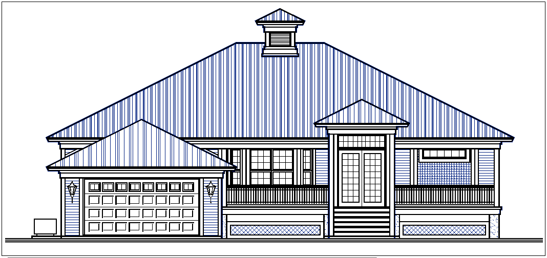 Front elevation and back elevation view of bungalow dwg file
