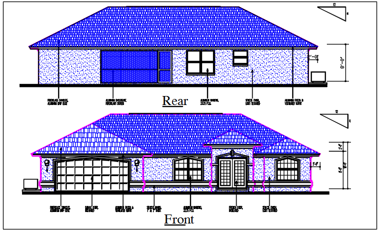 Front elevation and rear elevation view of bungalow dwg file