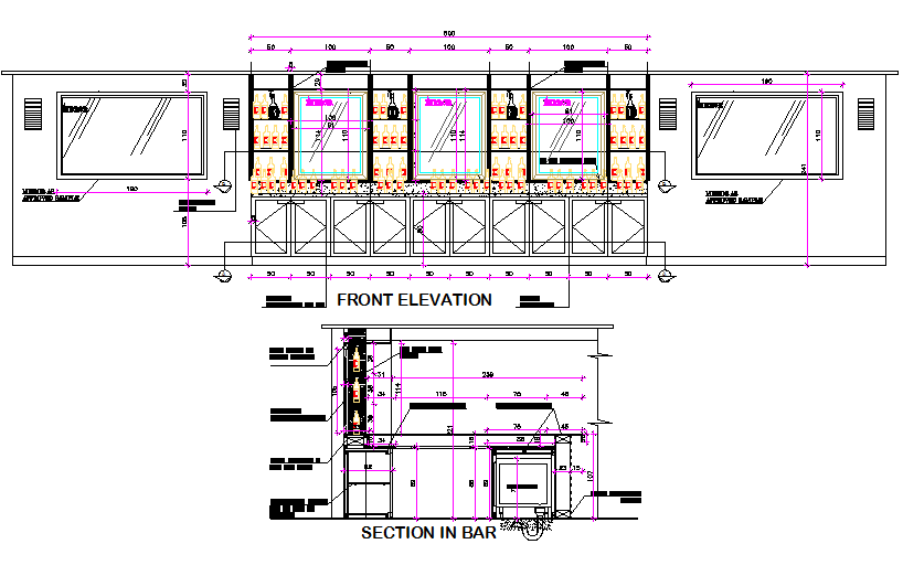 Front elevation and section beach bar detail dwg file