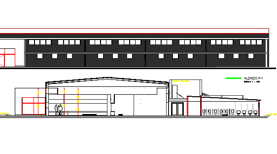 Front elevation and section details of corporate office dwg file