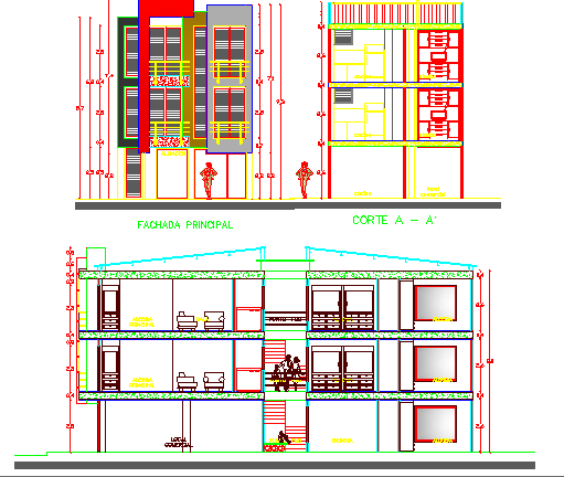Front elevation and section plan of Multi-family housing building dwg file
