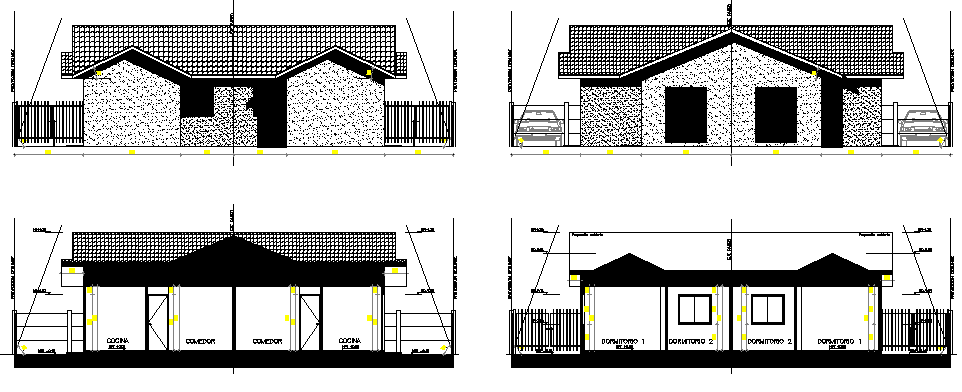 Front elevation and section plan of One family housing project dwg file