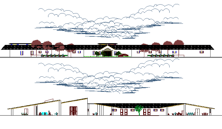 Front elevation and sectional details of judiciary office of city dwg file