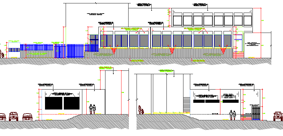 Front elevation and sectional details of primax office building dwg file