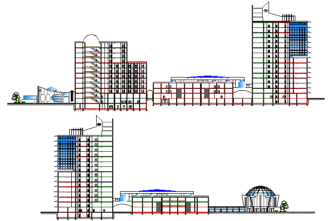 Front elevation and sectional details of shopping mall dwg file