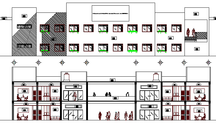 Front elevation & sectional view, government office building dwg file