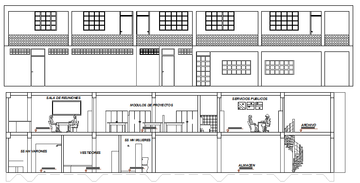 Front elevation and sectional view of two flooring office dwg file