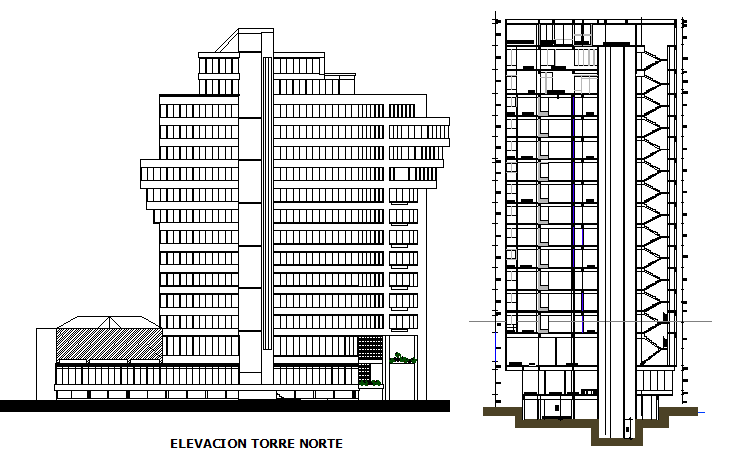 Front elevation and side sectional view details of office building dwg file