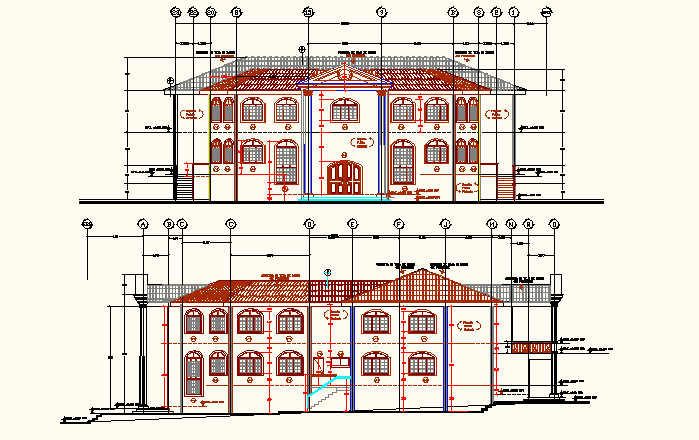 Front elevation detail and back elevation working plan detail dwg file