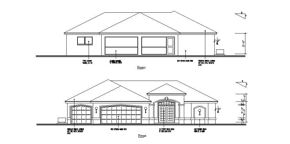 Front elevation details of single story house dwg file