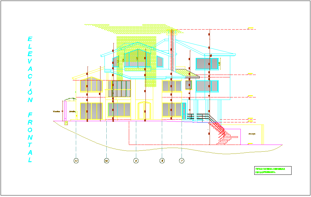 Front elevation for house with architecture view dwg file
