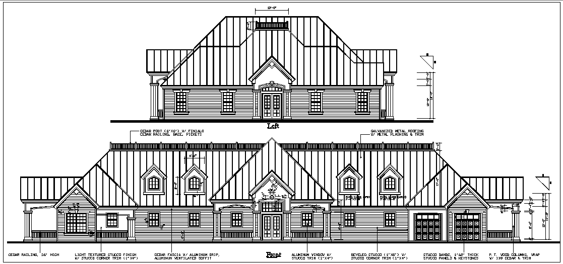 Front elevation naming with dimension in bungalow details dwg file