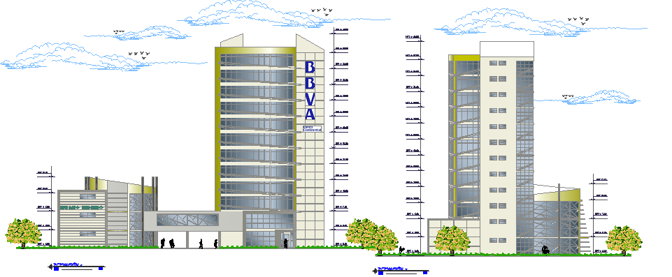 Front elevation of finance center building dwg file