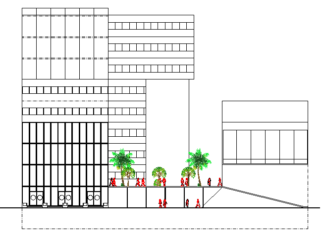 Front elevation of multi-flooring five star hotel details dwg file