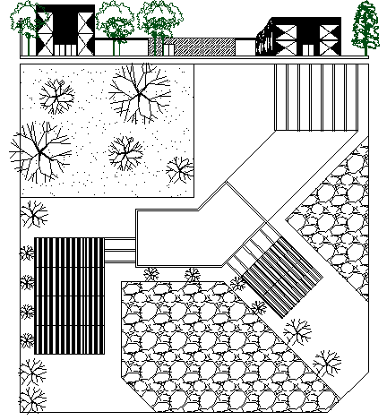 Front elevation of super market with landscaping view dwg file