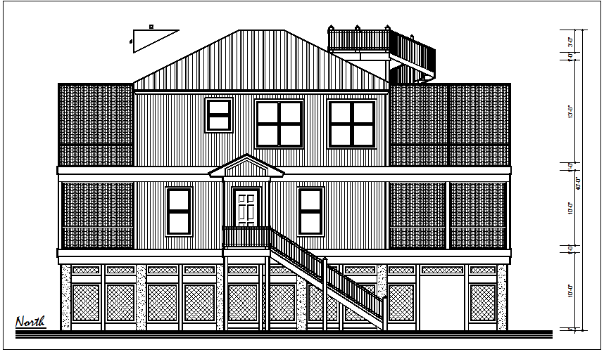 Front elevation view of bungalow dwg file