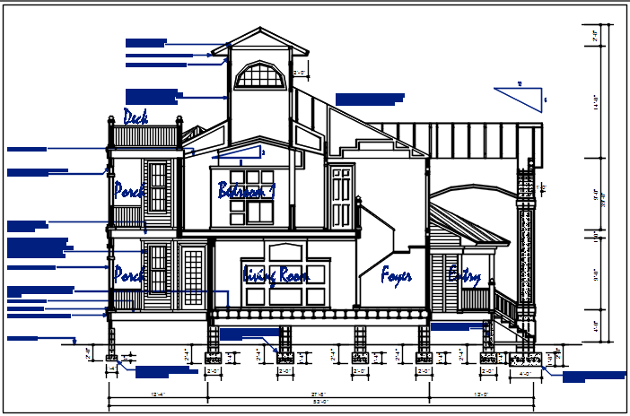 Front elevation view of bungalow dwg file