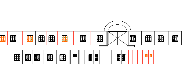 Front elevation view of corporate building-one level dwg file